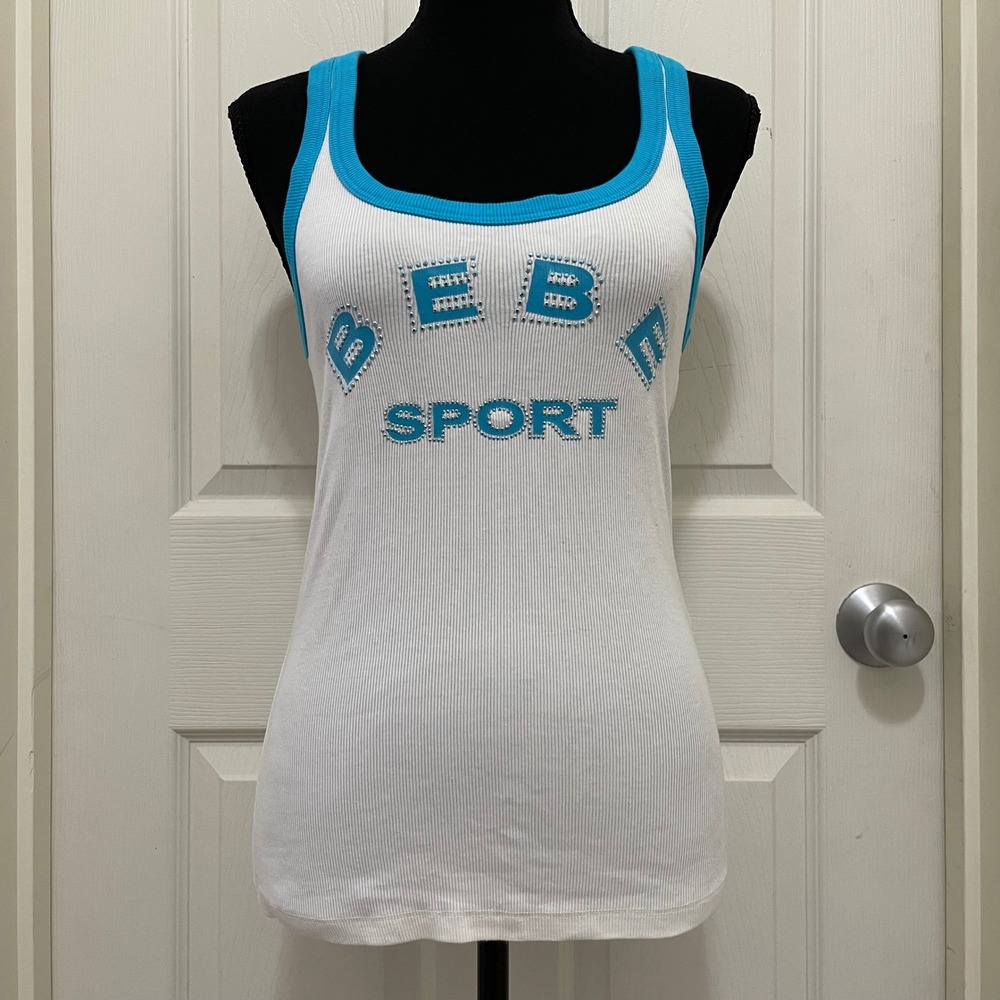 Vintage Bebe Sport Ribbed Tank Top White Blue‎ Y2K McBling NWT Large USA Made